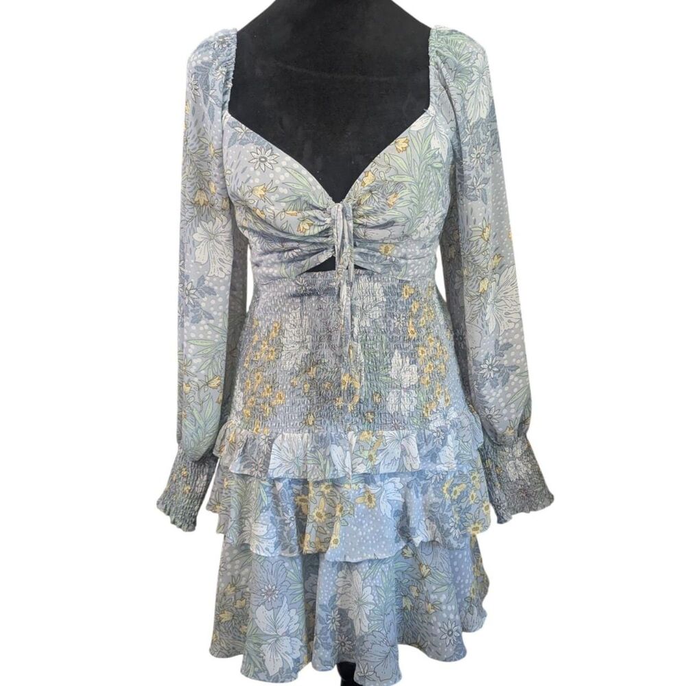 ASTR the Label Marietta Blue Multi Floral Cutout Tiered Mini Dress Size M